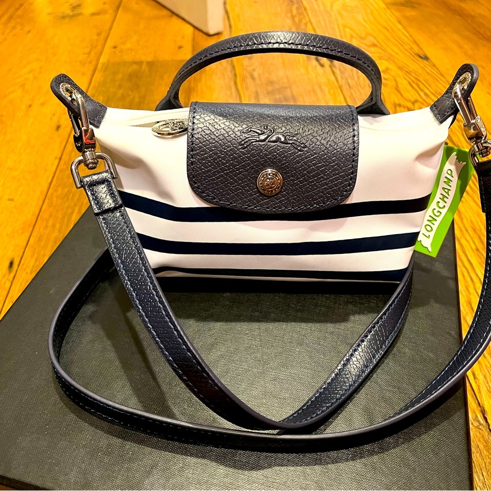 Longchamp Le Pliage Striped Leather Pouch Navy White Canvas